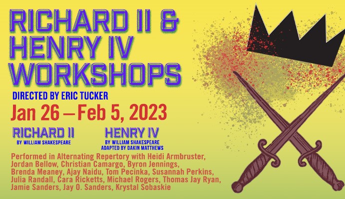 Richard II and Henry IV Workshops poster. Two swards crossing over top of each other and a crown above them