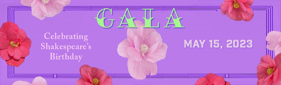 A purple sign with pink flowers says Gala May 15, 2023