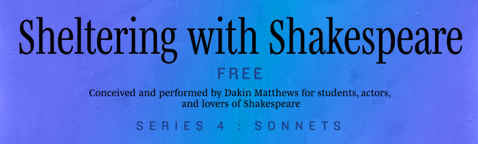 A blue poster with the words Sheltering with Shakespeare Free