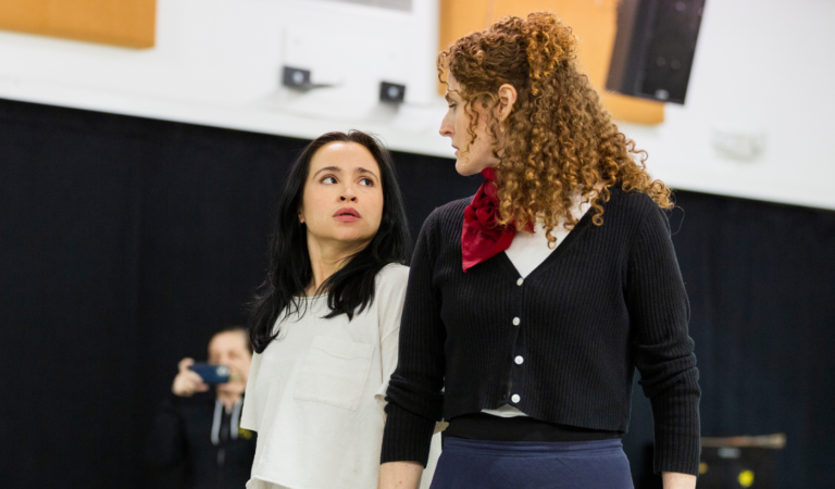 Carmen Zilles and Brenda Meaney; FUENTE OVEJUNA rehearsal. Photo by Travis Emery Hackett.