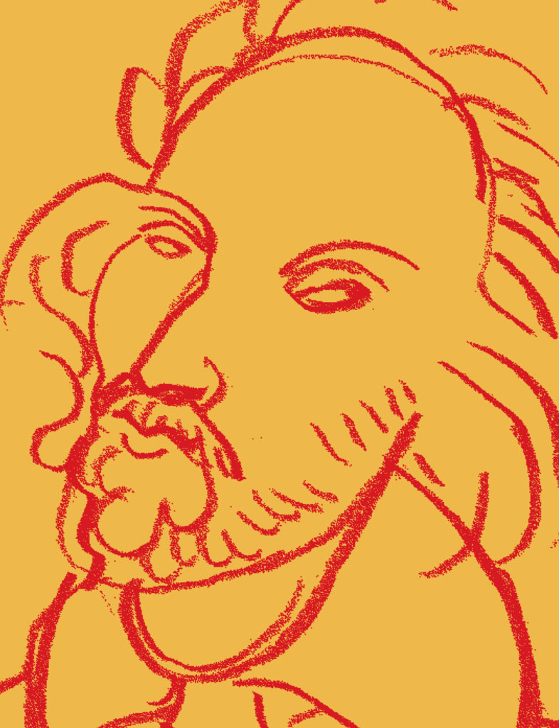 On a yellow background is a drawing of Shakespeare in red marker